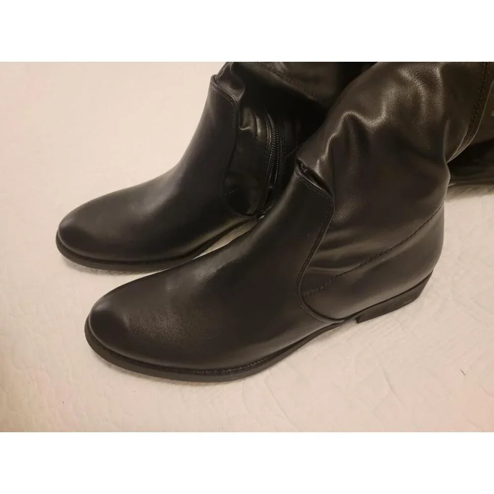 🆕Women Pu Black Over The Knee Boots Thigh High Low Block Heel Pointed Toe Boot